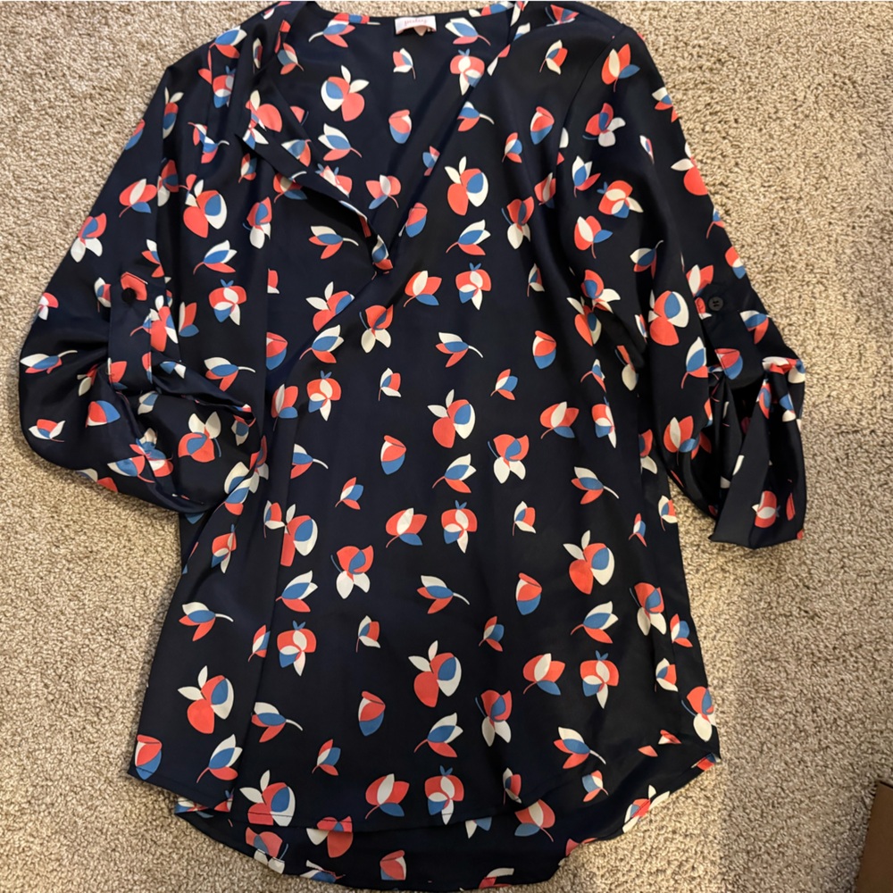 Pixley Dark Blue Blouse with Red and White Floral Design